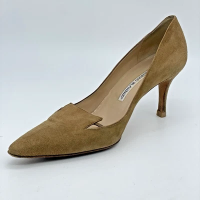 Manolo Blahnik Suede Heels Women’s Size 37 Tan 3 in Pumps Minimalist Classic - Image 1 of 4