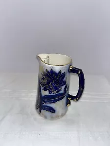 Antique Victorian flow blue mid 1800s Pitcher With daffodils - Picture 1 of 4