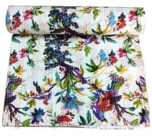 Double Vintage Flower pattern & birds Kantha Quilt Bedspread Coverlet Bed Runner - Picture 1 of 8