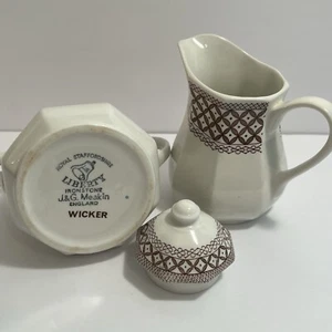 Vintage Creamer And Sugar Bowl With Lid Wicker White Brown England J&G Meakin - Picture 1 of 7