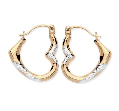 9CT GOLD HEART SHAPED CREOLE HOOP EARRINGS - TWO TONE - SOLID 9CT GOLD - Image 1 of 4