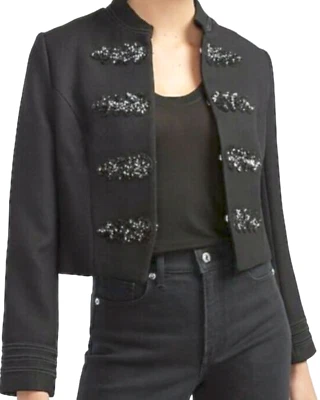 CHAQUETA ESTILO MILITAR NUEVA EXPRESS NEGRA CON LENTEJUELAS ADORNADA TALLA XL Foto 1 de 4