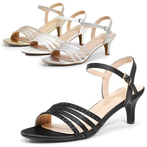 Women Ankle Strap Open Toe Low Kitten Heel Wedding Party Dress Heeled Sandals - Picture 1 of 23