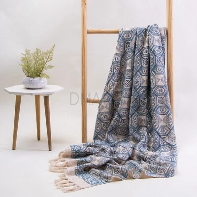 Indian Cotton Home Decor Large Sofa Blanket Abstract Hand Block Printed Throw - Image 1 of 4