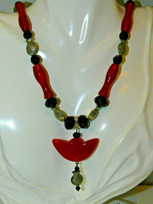 Artistico Corniola Onice Nero Perline Sfaccettate Argento Pesce Design 22 " - Immagine 1 di 4