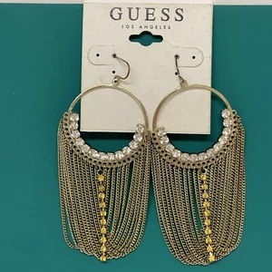 GUESS Gold Tone Hoop Dangle Earrings 3" Long Fringe & Rhinestones - Picture 1 of 5