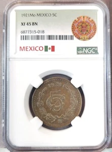 1921 MEXICO 5 CENTAVOS 5C NGC XF 45 BN RARE DATE IN HIGH GRADE - Picture 1 of 3