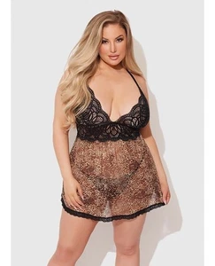 Juego de lencería Babydoll y tanga Felicia de malla de encaje - Leopardo 1X/2X - Imagen 1 de 2