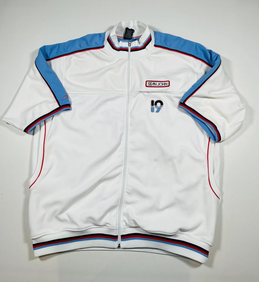Chaqueta Sean John Para Hombre 3XL Blanca Azul Manga Corta Cremallera Completa Pista Retro Foto 1 de 4