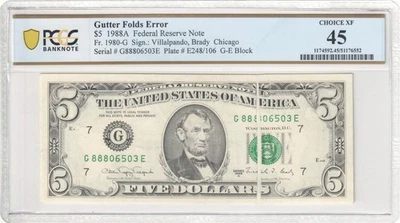 1988A $5 Federal Reserve Note FR.1980-G PCGS XF45 Gutter Fold Error - Image 1 of 2