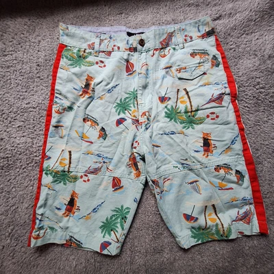 Akoo Shorts Mens 34 Blue Red Beach Summer Fox Print Casual Swim Surf Pockets - Image 1 of 4