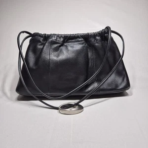 John Rocha Leather Handbag Black Shoulder Drawstring Strap Small Cocktail Party - Picture 1 of 11