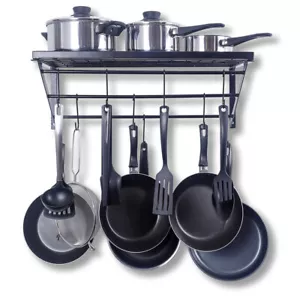 Kitchen Wall Mounted Storage Shelf Cookware Pan Pot Organizer Rack with 10 Hooks - Picture 1 of 9