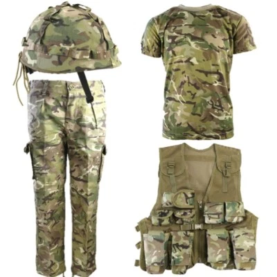 KOMBAT UK JUNGEN ARMEE SOLDATEN OUTFIT KINDER 3-13 HOSE T-SHIRT STURMWESTE HELM BTP TARNFARBE