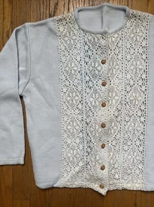 Vintage 70’s Hippie Women’s M-L Blue Open Cardigan Sweater w. Lace Accents EUC! - Picture 1 of 16