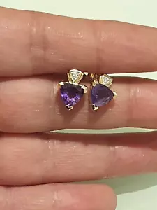 Natural Diamond And Amethyst Stud Earrings 9ct Gold 375 Trillion Cut - Picture 1 of 6