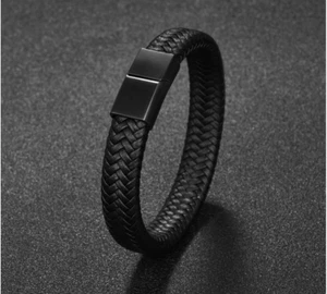 Jiayiqi Punk Men Jewelry Black Braided Leather Bracelet StainlessSteel 143 - Picture 1 of 1