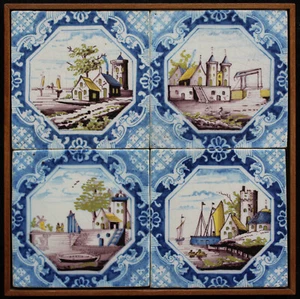 Delft tile Delftware tilepanel of four landscape tiles Utrecht 1830 - 1880 - Picture 1 of 6