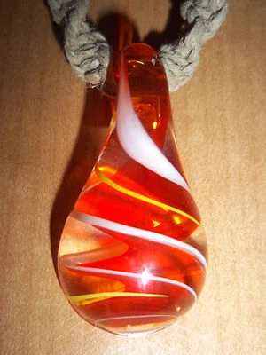 Hand Crafted Hemp Necklace with "Hand Made" Orange, Yellow & White Glass Pendant - Image 1 of 3