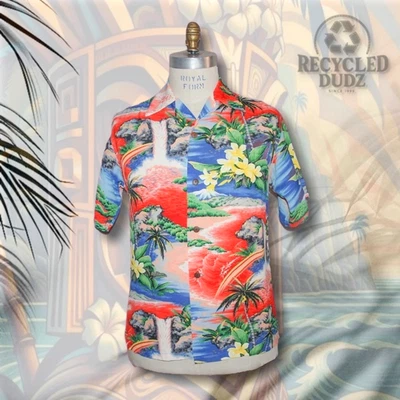 Camisa Hawaiana Mediana De Colección Original por Hale Hawaii Roja y Rosa Cascada Arco Iris Foto 1 de 4