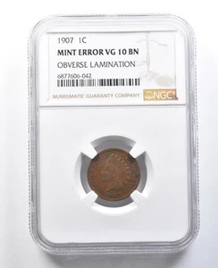 1907 Indian Head Cent Mint Error Obverse Lamination VG10 BN NGC *8219 - Picture 1 of 3
