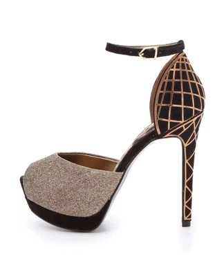 Sam Edelman Paulette Gold Black Peep-toe Ankle Pump Embellished Heels Shimmer - Image 1 of 4