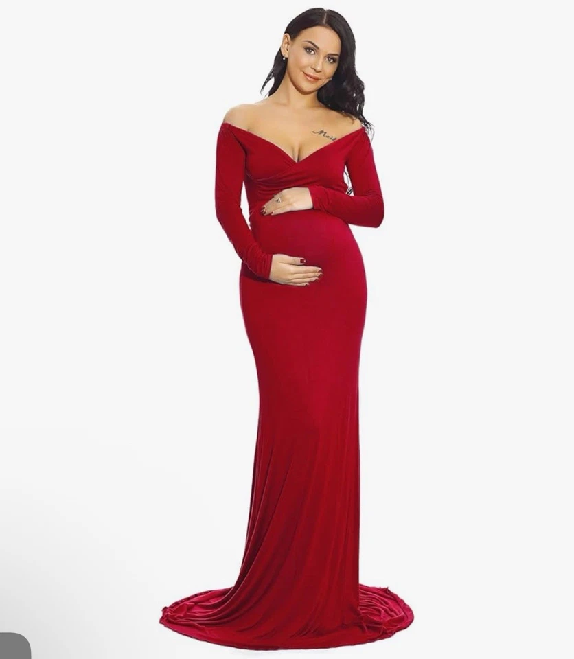 Maternity Fitted Gown Off The Shoulder Maxi Stretch Elegant Burgundy Size Medium - Image 1 of 4