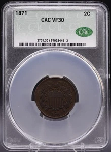 1871 2C Two-Cent Piece CAC VF30 Key Date Low Mintage Copper Coin - Picture 1 of 8