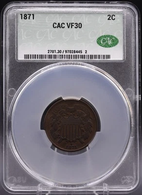 1871 2C Two-Cent Piece CAC VF30 Key Date Low Mintage Copper Coin - Image 1 of 4