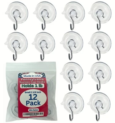 12 Pak Small 1 1/4Inch Pennsylvania Heavy Duty Suction Cup Hooks for Glass - Image 1 of 4