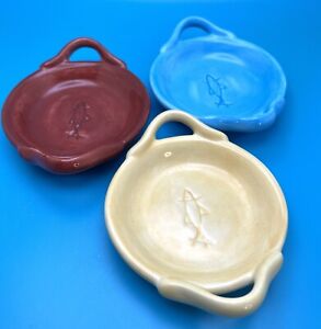 Set of 3 Pottery Barn Paella Dipping Dishes Bowls Fish Design Handles 3 1/2"