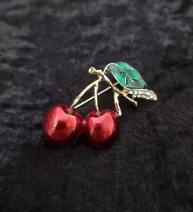 Enamel Cherry Brooch Gold Tone Back Vintage Inspired Design 4 - Picture 1 of 2