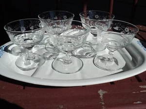 Vintage Clear Etched Floral/Flower Glass Footed Sherbet Dessert Glasses Set of 5 - Picture 1 of 3