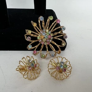 Vintage Gold Tone Spiral Flower Brooch, Pendant w/ ClipOn Earring Set Rhinestone - Picture 1 of 7