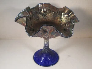 Antique Fenton Carnival Glass Persian Medallion Large Compote Blue Iridescent - Picture 1 of 7