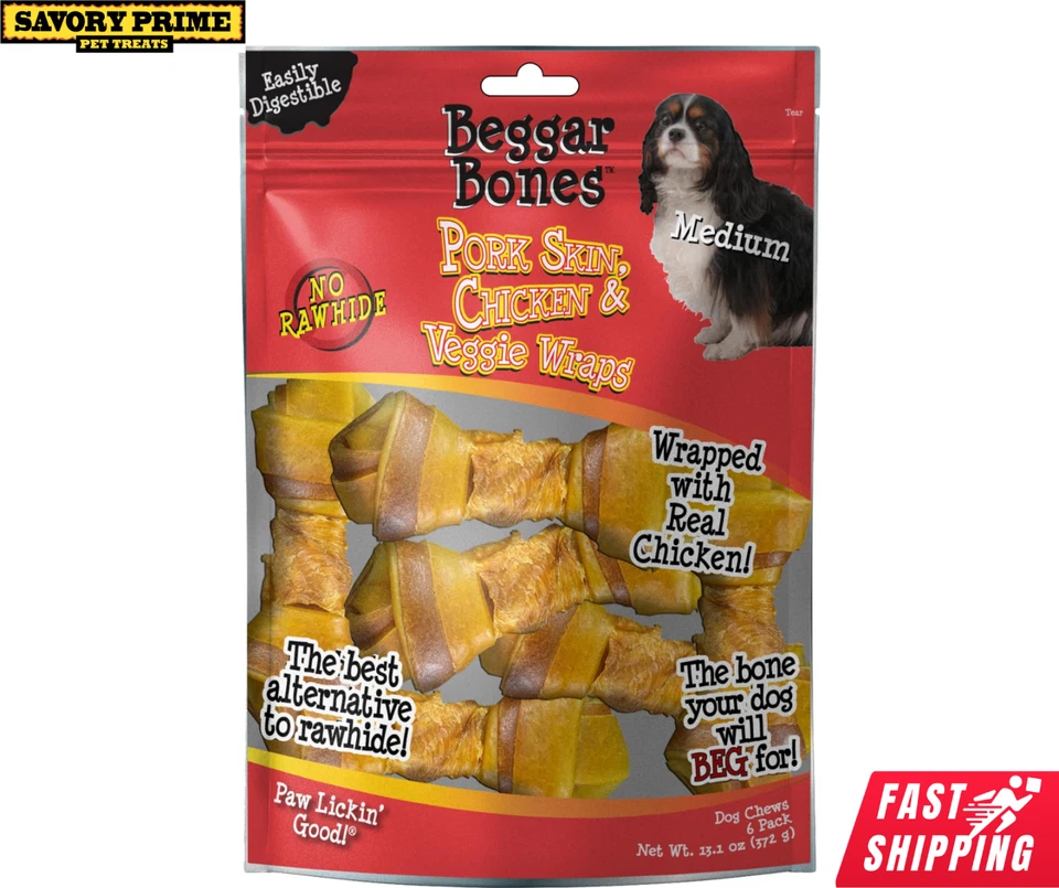 Savory Prime Beggar Bones Dog Treats Chew Pork Skin Chicken Veggie Medium 6 PACK - Image 1 of 3