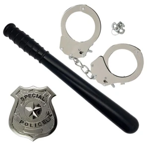Police Fancy Dress Set Metal Handcuffs & Truncheon Badge Costume Party - Picture 1 of 1