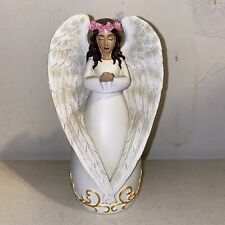 Angel Figurine, White Plaster, Pink Floral Halo 6.5"