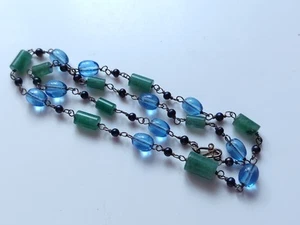 Sterling Silver Hook Clasp Blue And Green Stone Freshwater Pearl Bead Necklace - Picture 1 of 5