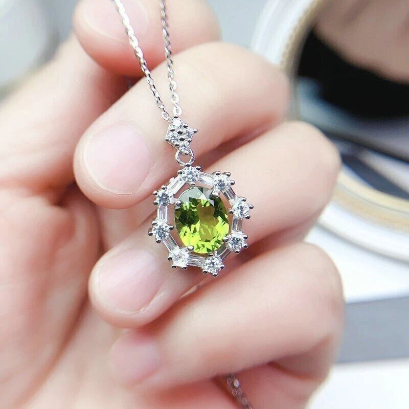 2.50 Ct Oval Cut Simulated Green Peridot Pendant Chain In 14k White Gold Plated - Image 1 of 4