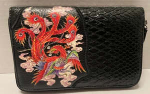 Cartera sin asas de diseñador Christian Audigier Ed Hardy negra con cremallera de colección - Imagen 1 de 8