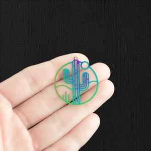 4 Filigree Cactus Rainbow Electroplated Stainless Steel Charms 2 Sided - SSP382 - Picture 1 of 2