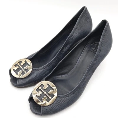 Tory Burch (Womens Size 10.5) Sally Peep Toe Wedge Pumps Blue Pebbled Leather - Image 1 of 4