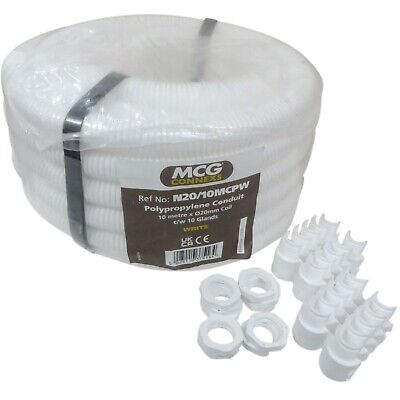 White 20mm Flexible Conduit Cable Contractor Pack 10 Metre Reel And 10 X Glands • 12.50£