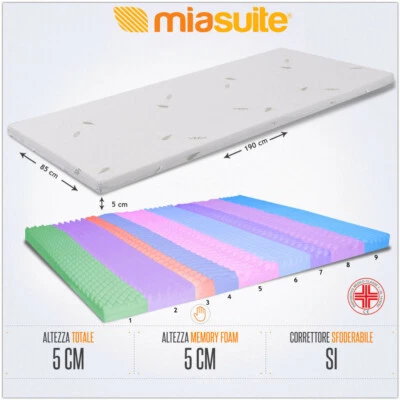 TOPPER MEMORY FOAM FUORI MISURA PER MATERASSO 85X190 CM H 5CM SFODERABILE ALOE - Immagine 1 di 4