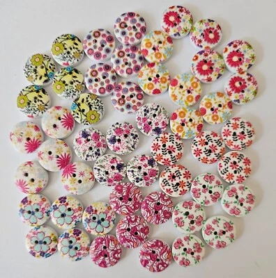 50 Flower Pattern Buttons, 10 Designs with 5 of Each Design Wooden Size 15mm - Image 1 of 3