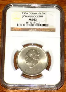 MONEDA SIN CIRCULAR DEL CENTENARIO DE LA MUERTE DE GOETHE DE WEIMAR ALEMANIA 3 Reichsmark 1932a ngc ms63 - Imagen 1 de 4
