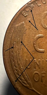 1955 S Lincoln Wheat Cent-"Lamination Mint Error"-&-Interior Die Chip-BN-NICE! - Image 1 of 4