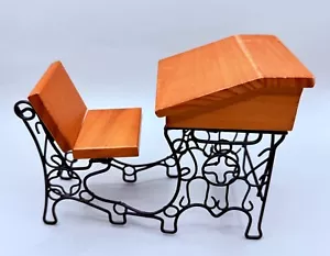 Vintage Miniature Metal And Wooden Doll Dollhouse School Desk Kitschy Replica - Picture 1 of 12