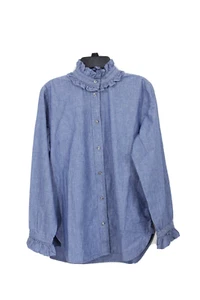J Crew Chambray Shirt New Women Button Front 00 Ruffle Neck Long Sleeve cotton - Picture 1 of 7